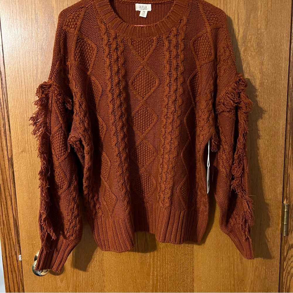 NWT A.N.A Women’s Chunky Knit Sweater Brown/rust Petite Med With Fringe